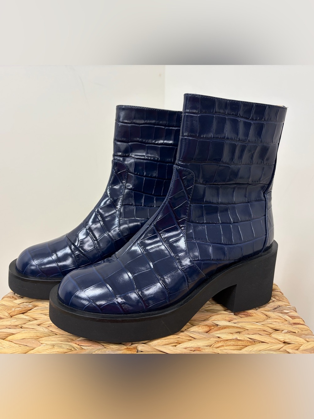 Stuart Weitzman Navy Croc-Embossed Platform Ankle Boots